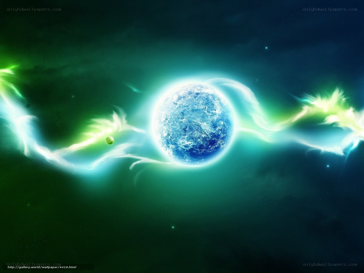 Blue planet in green nebula