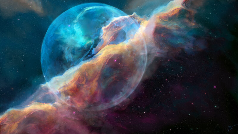 Blue Planet in Nebula — Cosmic, Digital Art