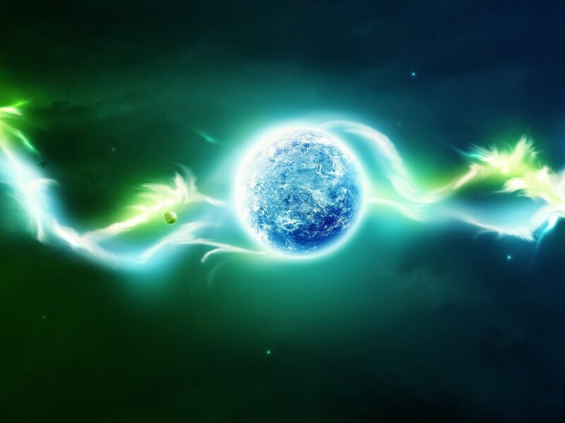 Blue Planet in Space — Dramatic, Digital Art, Green Nebula