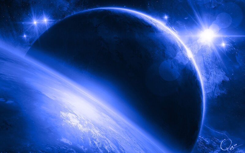 Blue Planet in Space — Dramatic, Digital Art, Stars, Sun