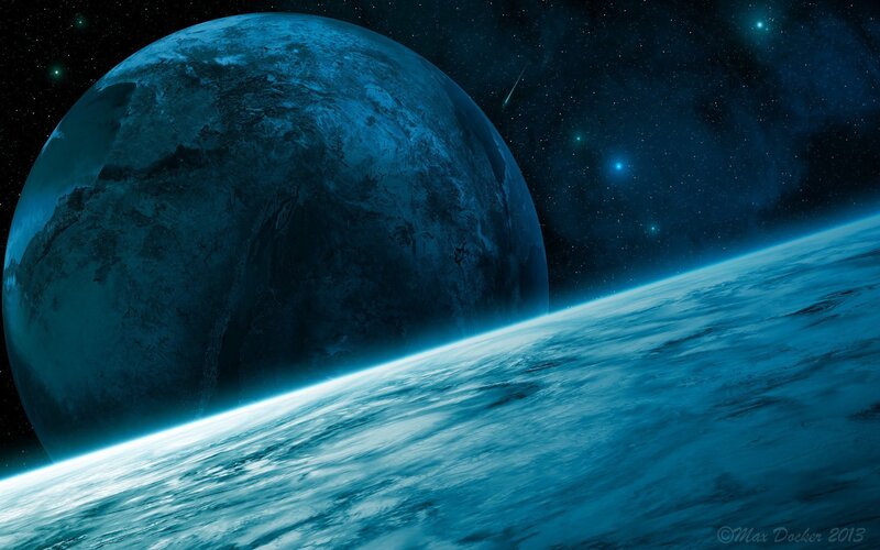 Blue Planet in Space — Dramatic, Night, Digital Art, Stars, Comet
