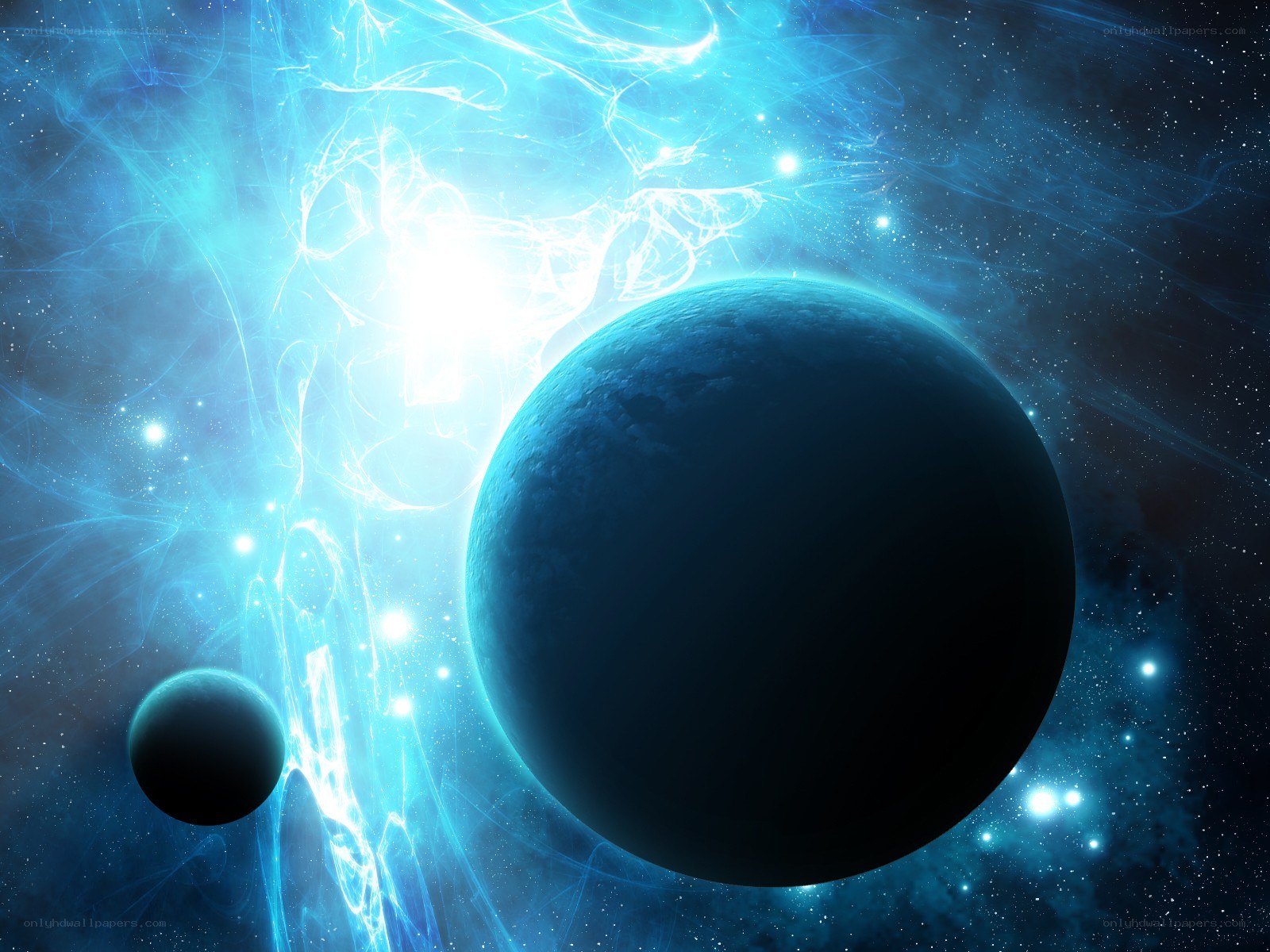 Blue planet in space nebula