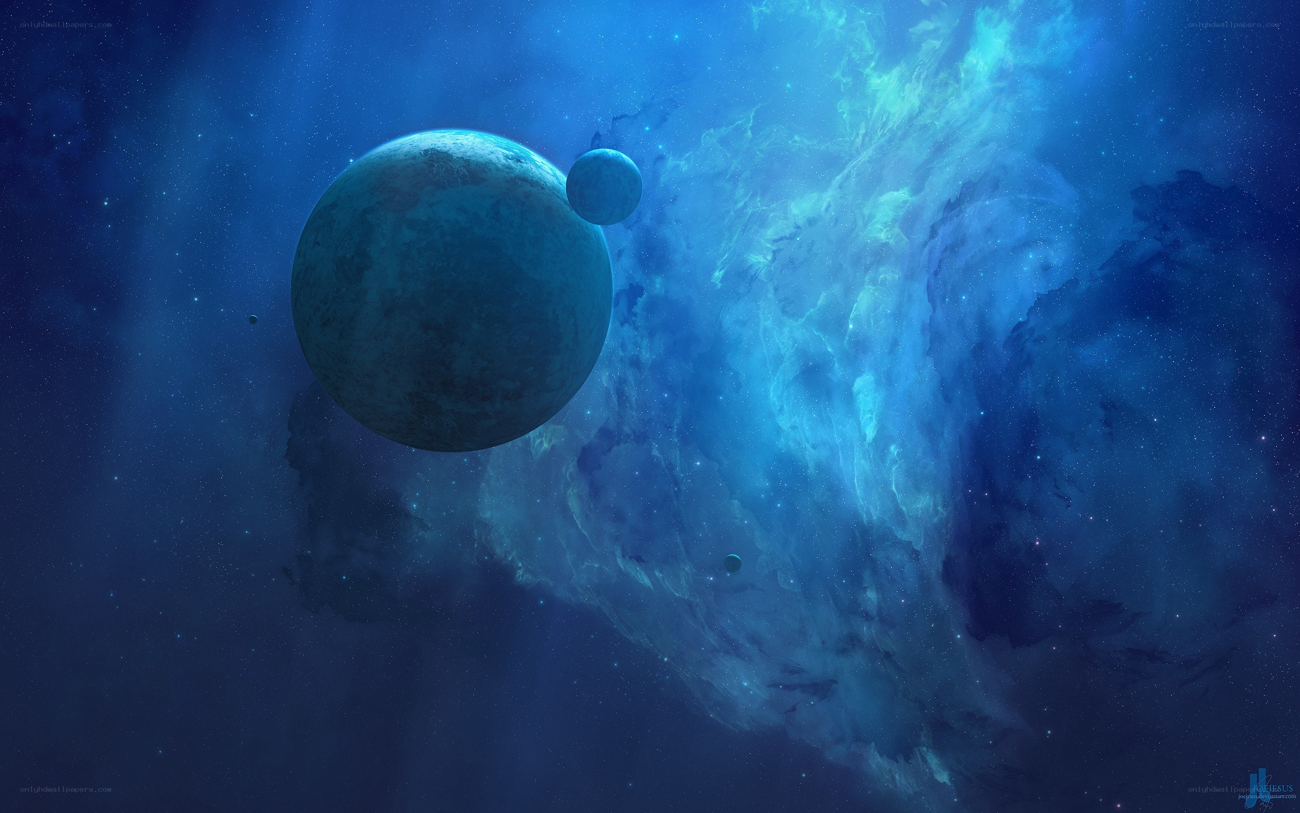 Blue planet in space nebula