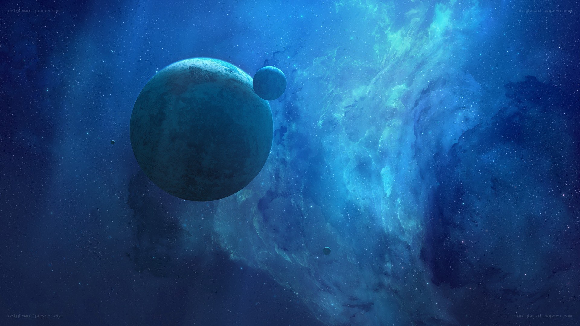 Blue planet in space nebula