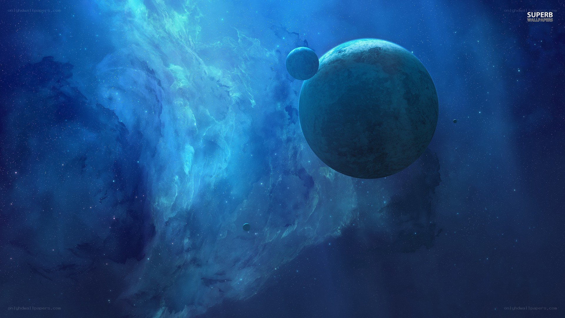 Blue planet in space nebula