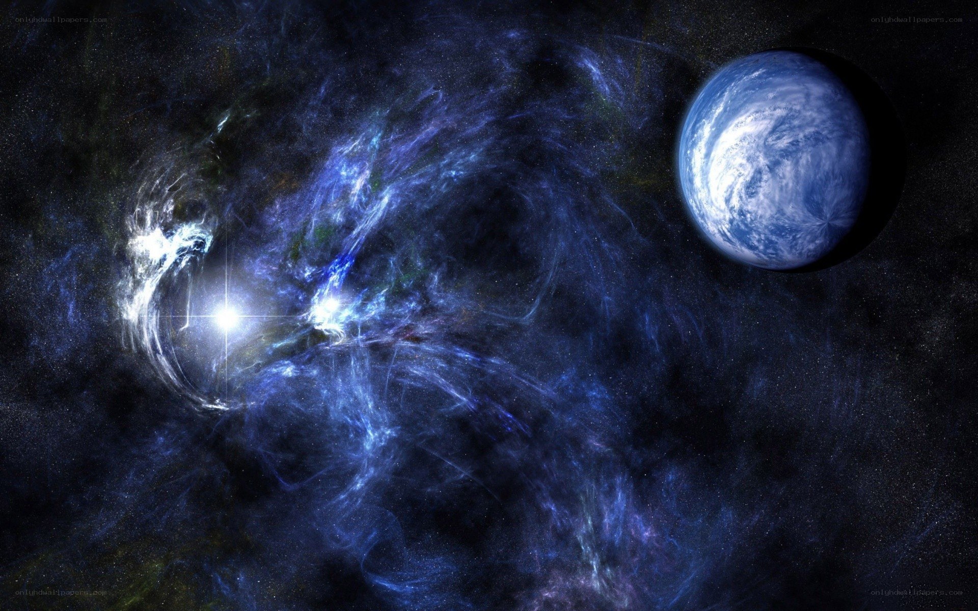 Blue planet in space nebula
