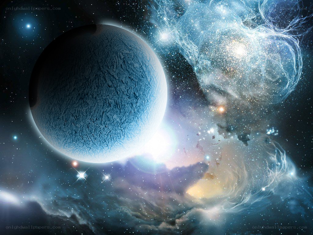 Blue planet in space nebula