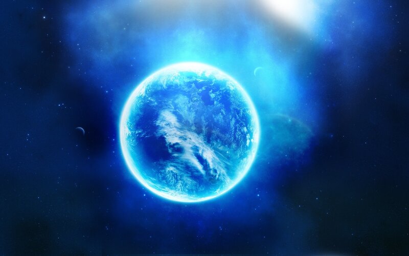 Blue Planet in Space — Serene, Digital Art, Stars, Moon