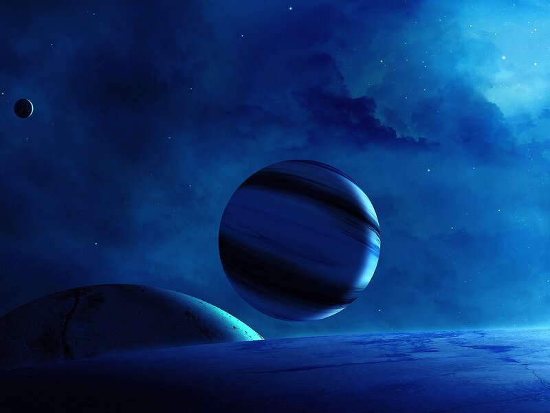 Blue Planet in Space — Serene, Night, Digital Art, Moon