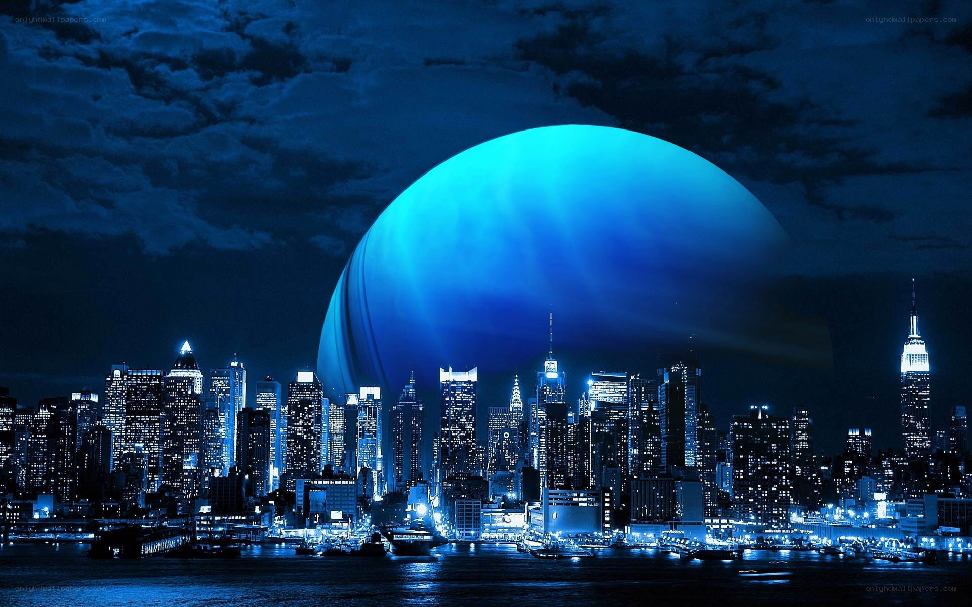 Blue planet over city skyline