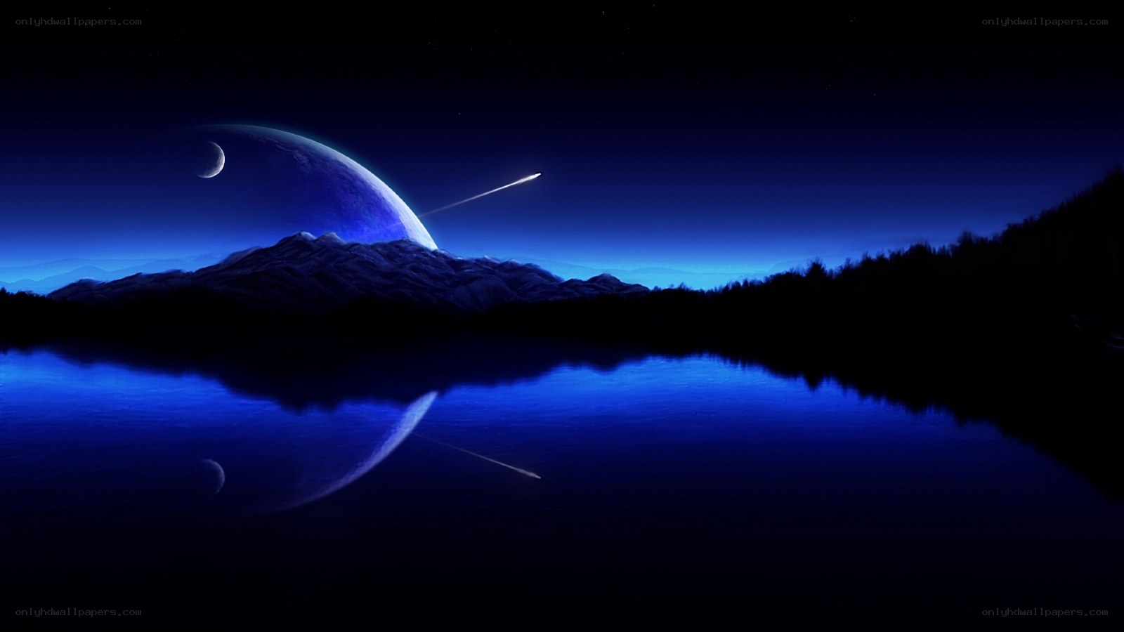 Blue planet over lake
