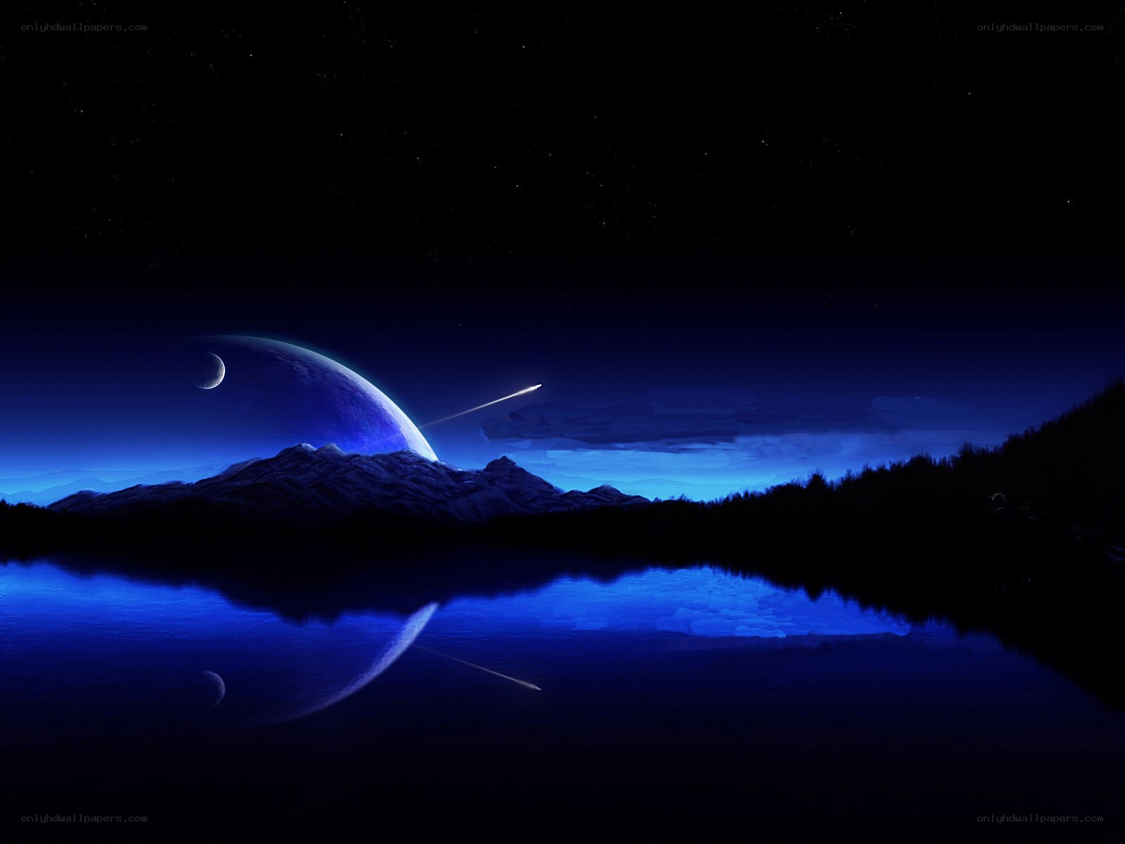 Blue planet over mountain lake