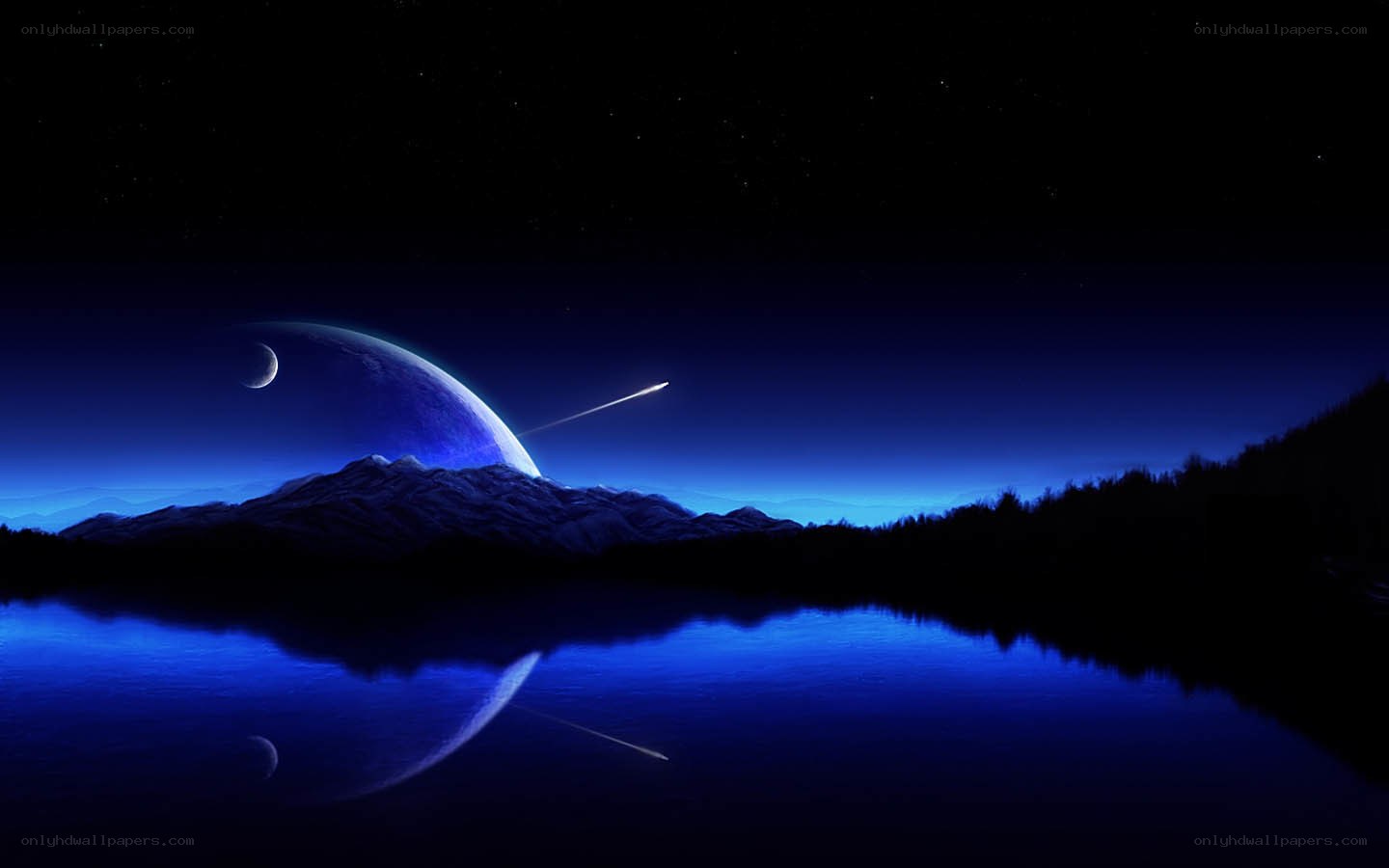 Blue planet over mountain lake