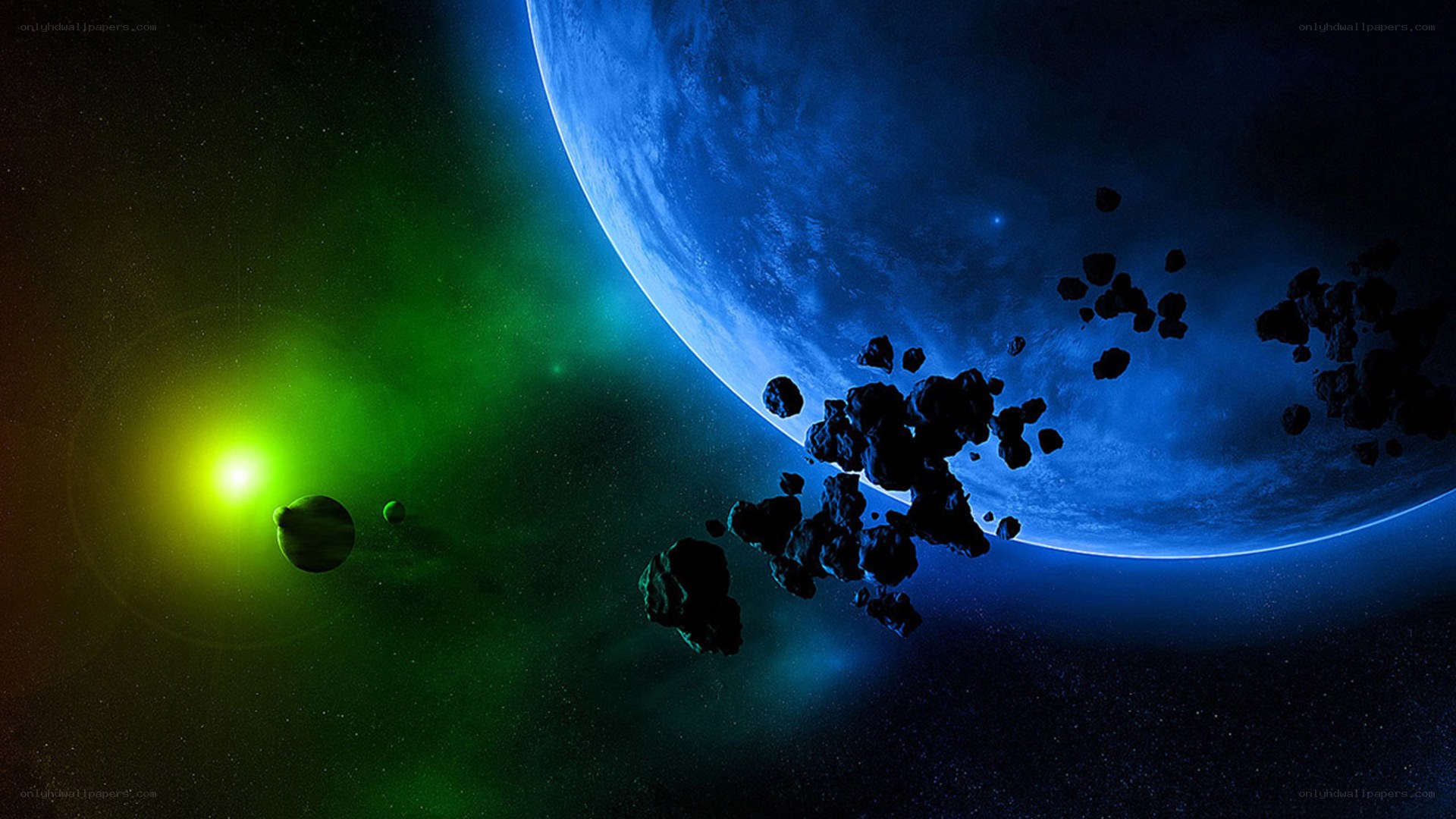Blue planet with asteroid field