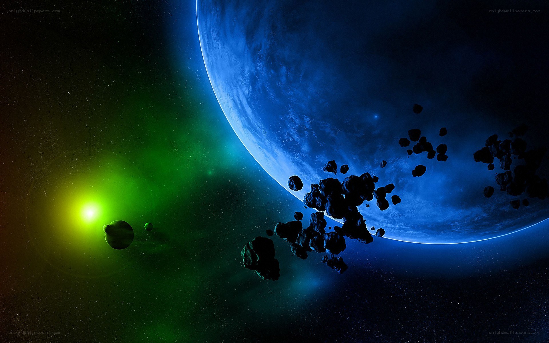 Blue planet with asteroid field
