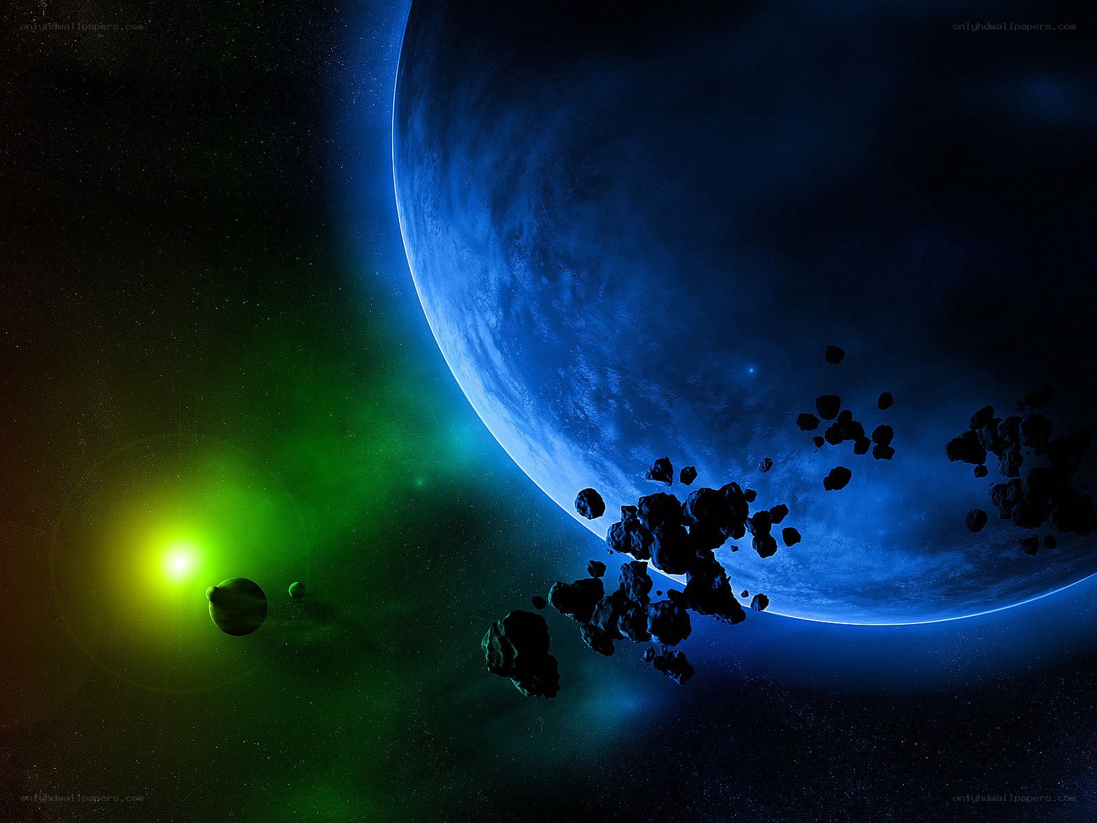 Blue planet with asteroids