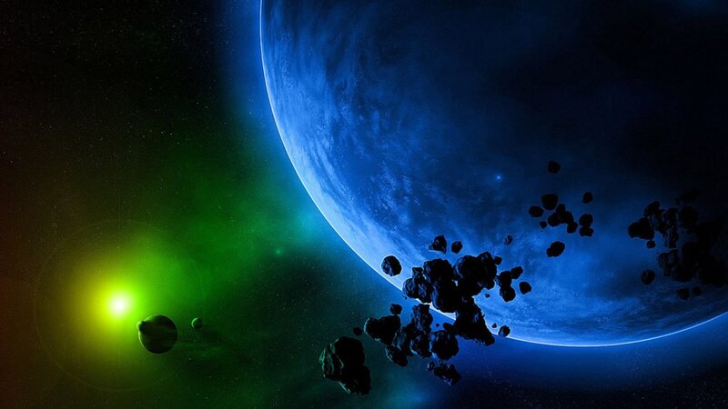 Blue planet with asteroids