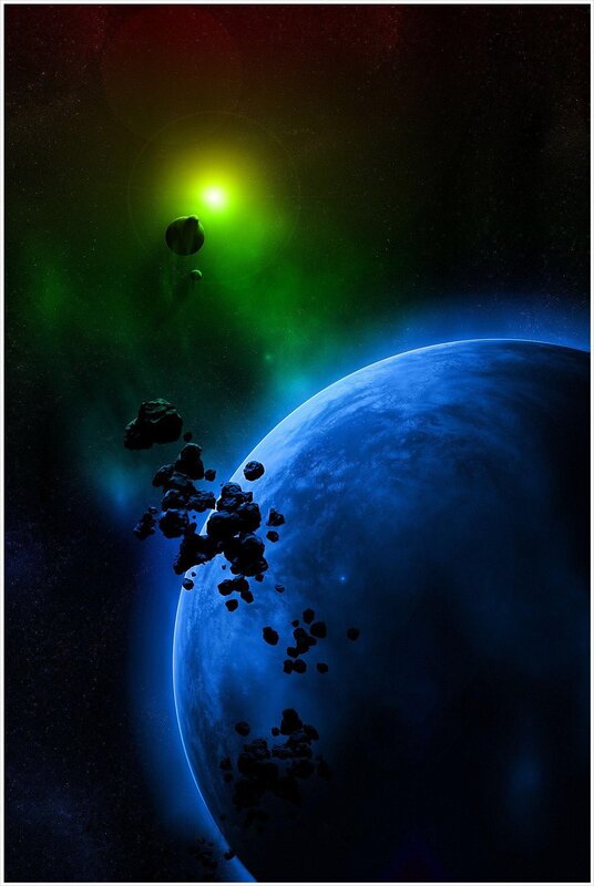 Blue planet with asteroids