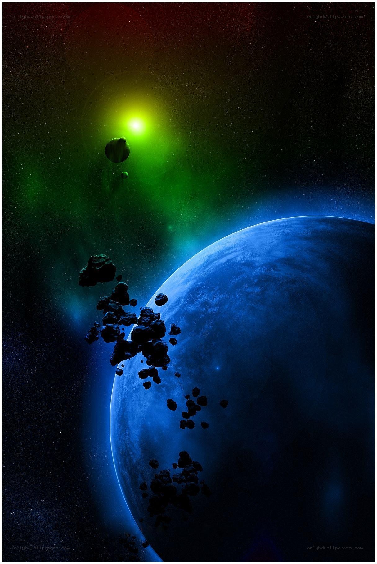 Blue planet with asteroids
