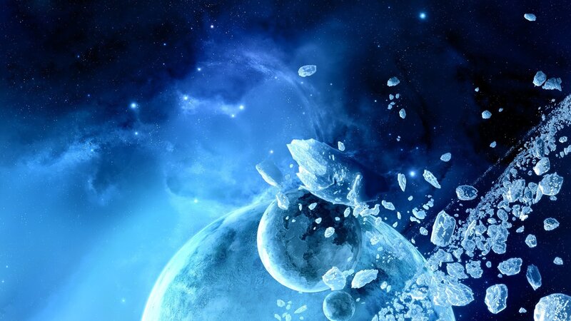 Blue planet with asteroids