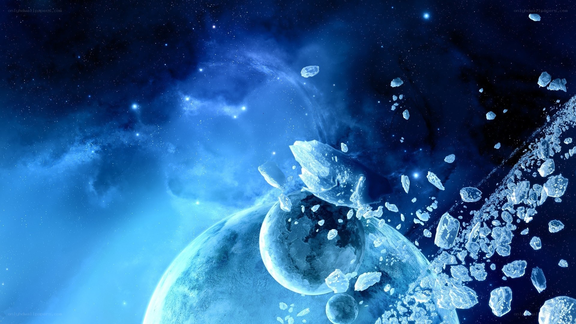 Blue planet with asteroids
