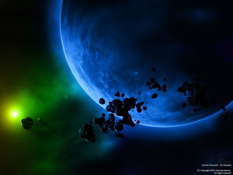 Blue Planet with Asteroids — Dramatic, Night, Digital Art, Green Star