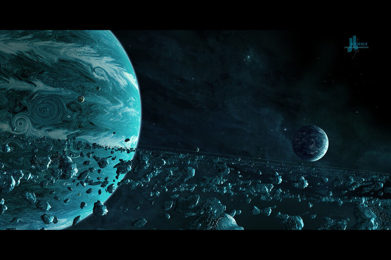 Blue Planet with Asteroids — Teal