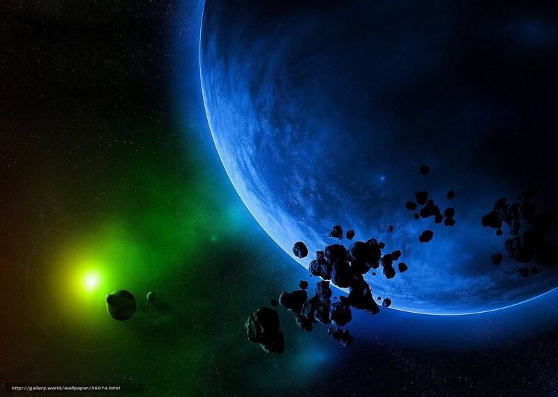 Blue planet with asteroids