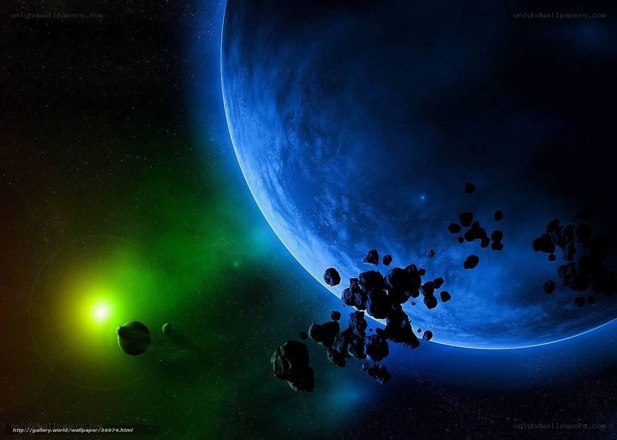 Blue planet with asteroids