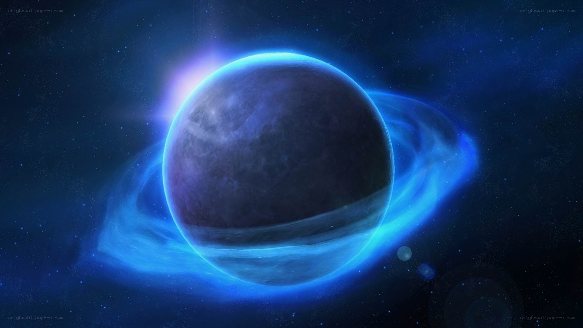 blue planet with glowing rings