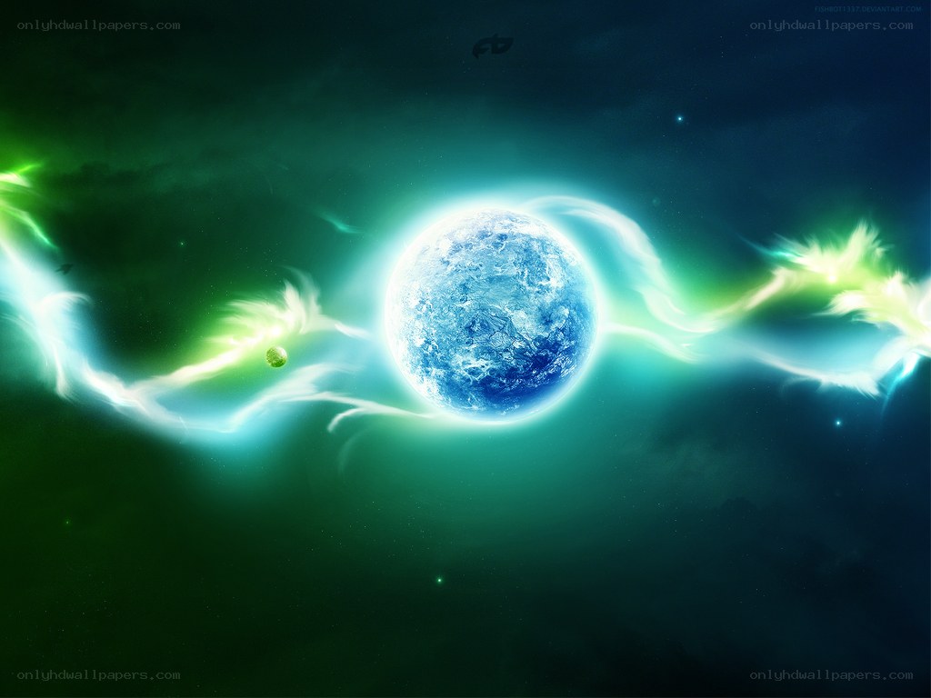 Blue planet with green energy waves