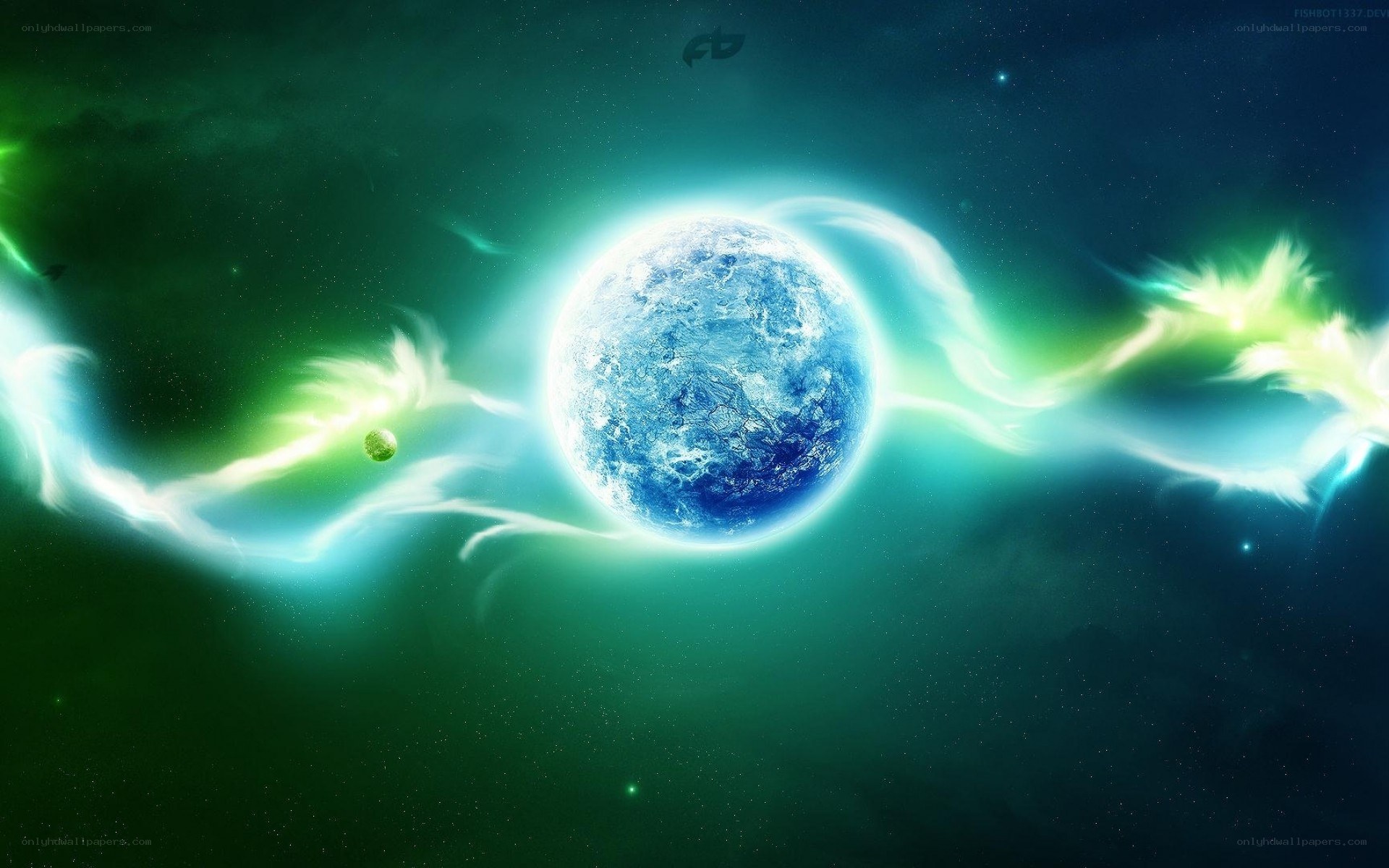 Blue planet with green nebula