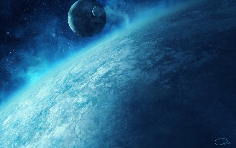 Blue planet with moon