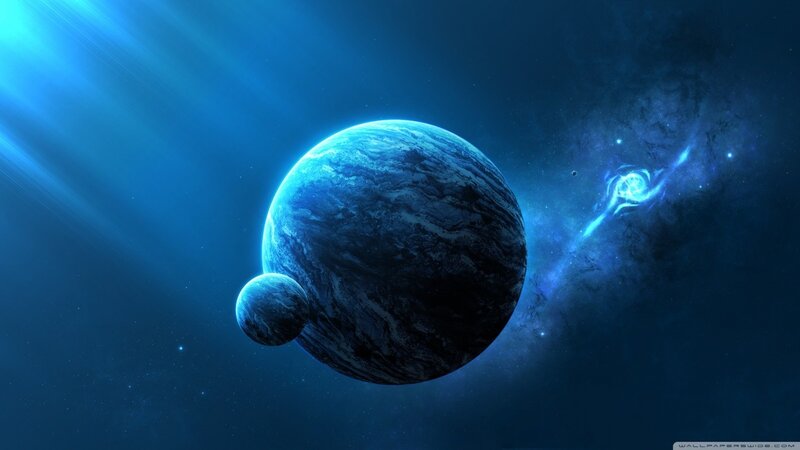 Blue Planet with Moon — Dramatic, Digital Art, Stars