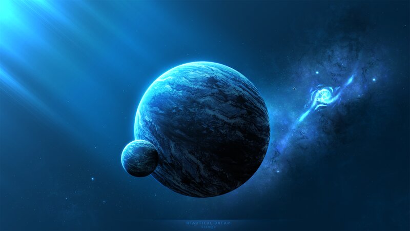 Blue Planet with Moon — Serene, Digital Art