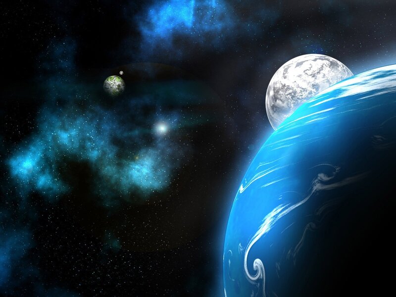 Blue Planet with Moons — Dramatic, Digital Art, Nebula