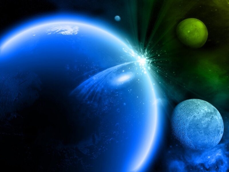Blue Planet with Moons — Dramatic, Digital Art, Stars