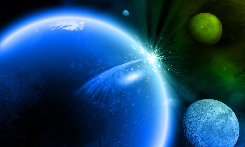 Blue Planet with Moons — Dramatic, Digital Art