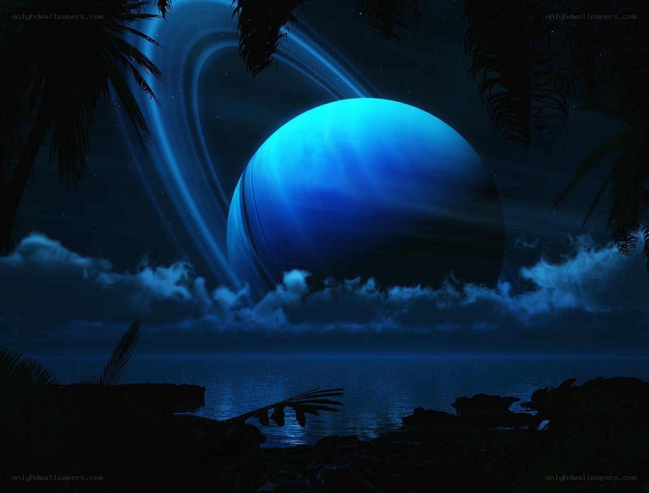 Blue planet with rings at night