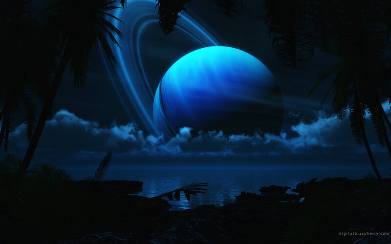 Blue planet with rings at night
