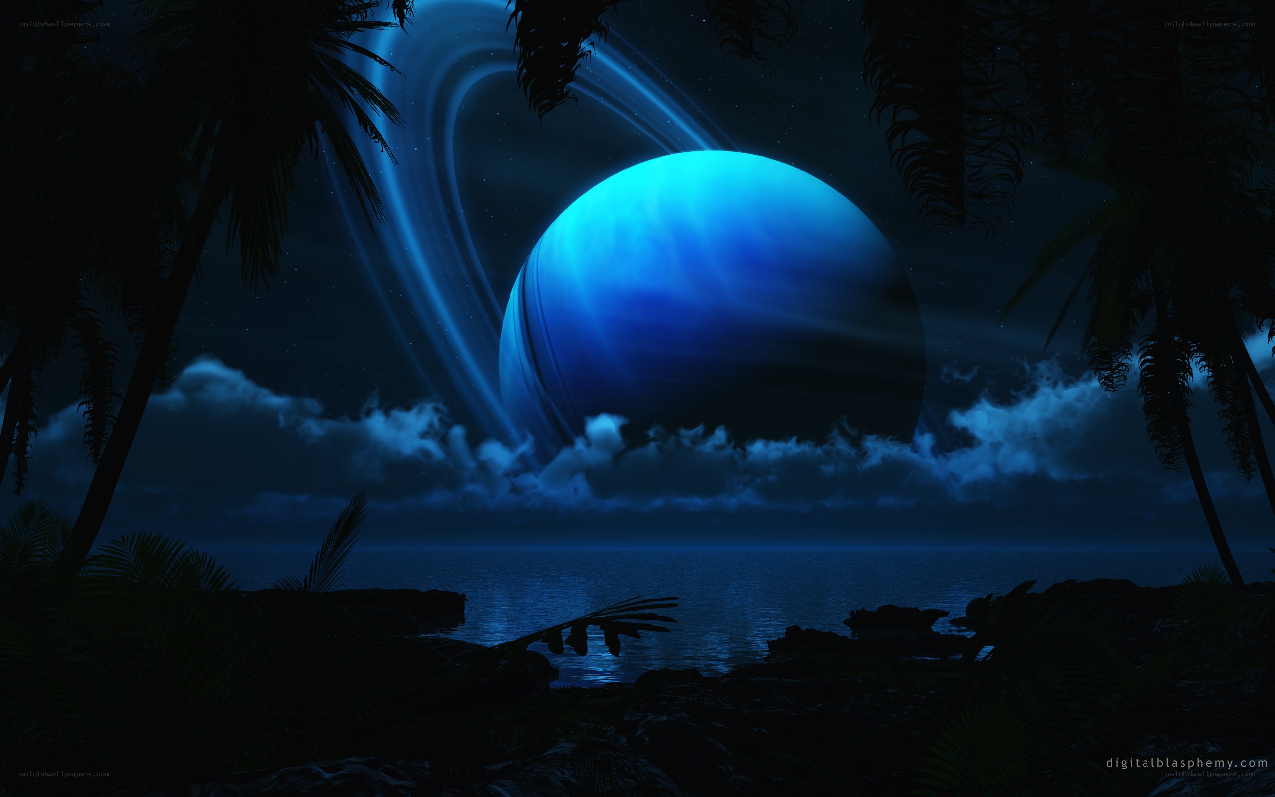 Blue planet with rings at night