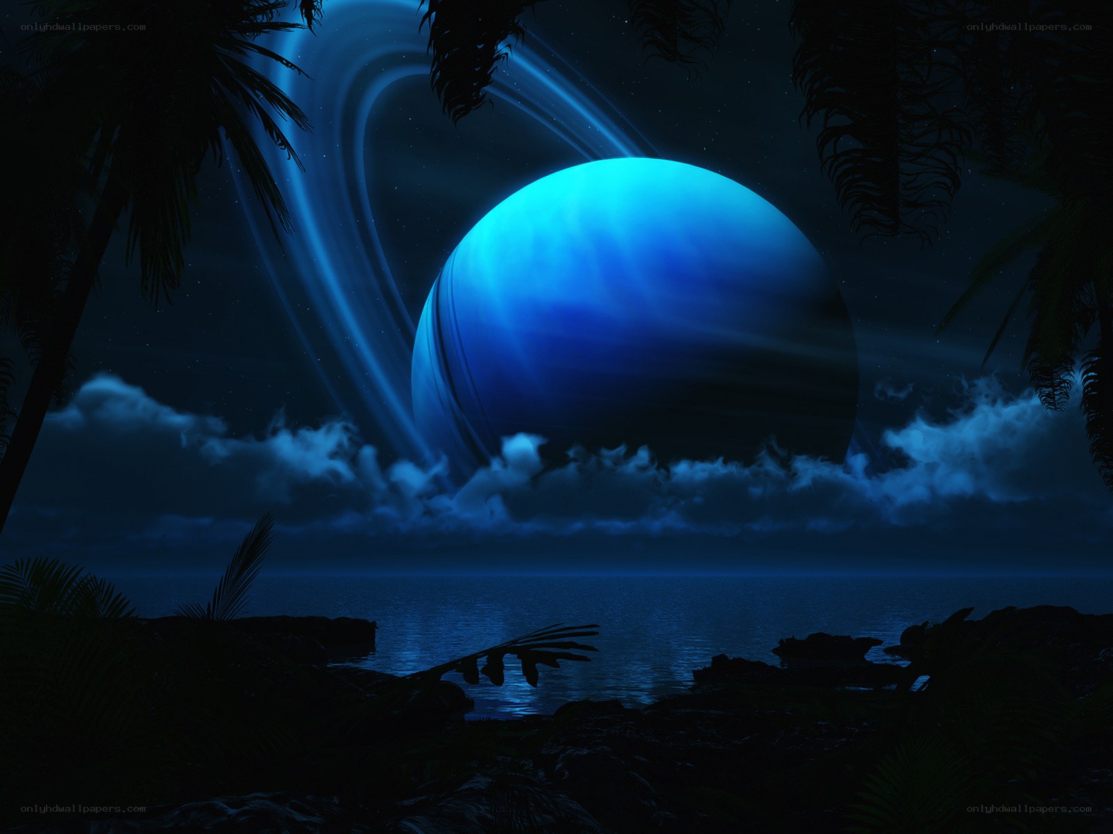 Blue planet with rings at night