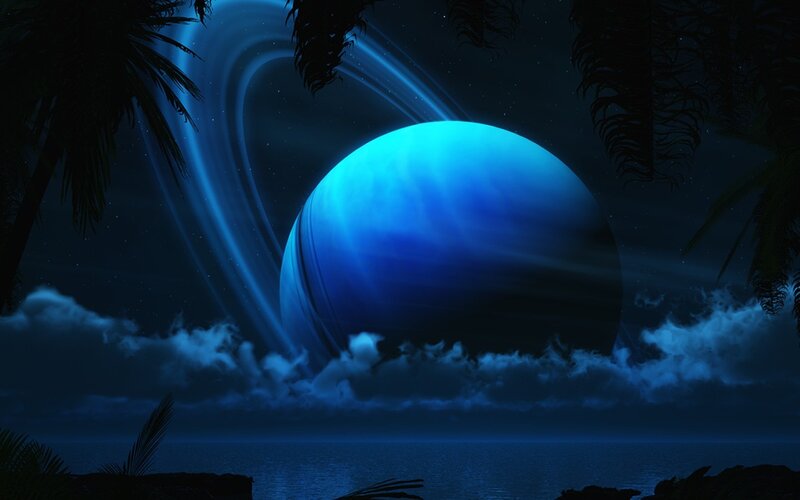Blue planet with rings at night