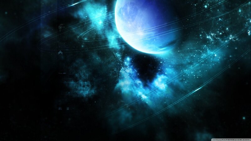 Blue Planet with Rings — Cosmic, Night, Digital Art, Nebula