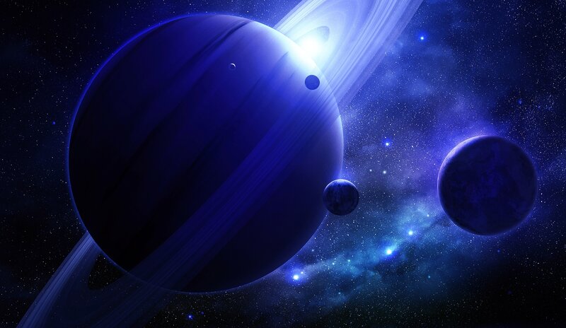 Blue Planet with Rings — Cosmic, Night, Digital Art, Planets
