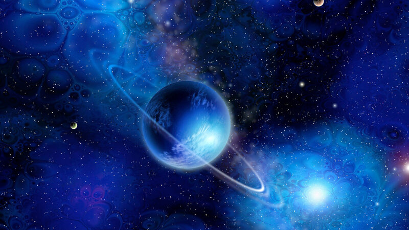 Blue Planet with Rings — Cosmic, Night, Digital Art, Stars, Nebula, Black