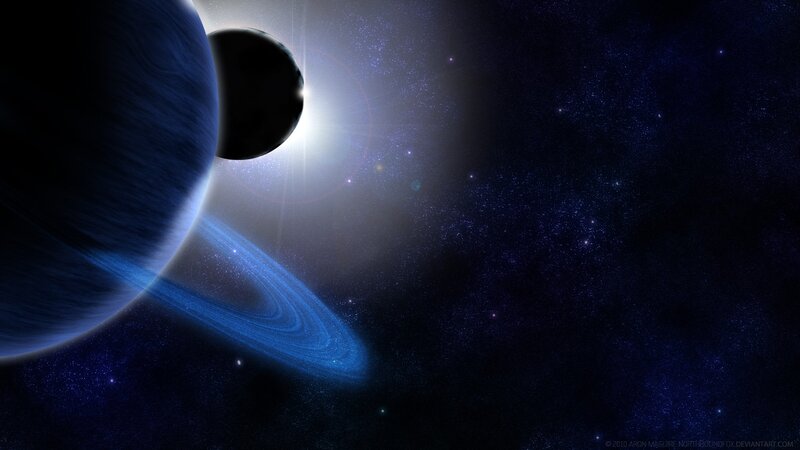 Blue Planet with Rings — Dramatic, Night, Digital Art, Moon, Stars