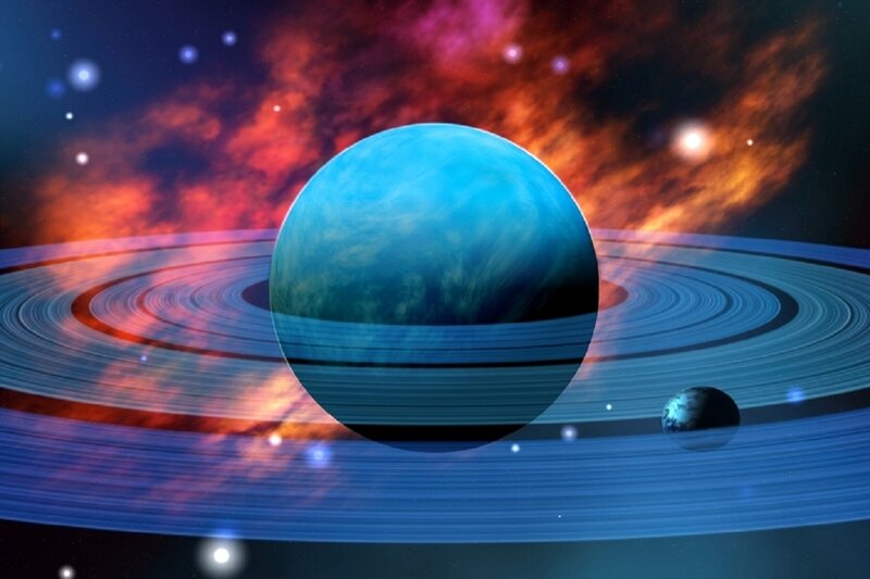 Blue Planet with Rings — Dramatic, Night, Digital Art, Moon