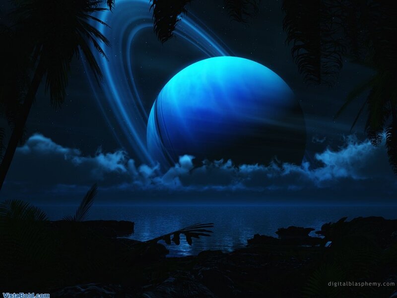 Blue Planet with Rings — Dramatic, Night, Digital Art, Palm Trees, Ocean