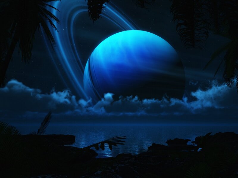 Blue Planet with Rings — Dramatic, Night, Digital Art, Palm Trees